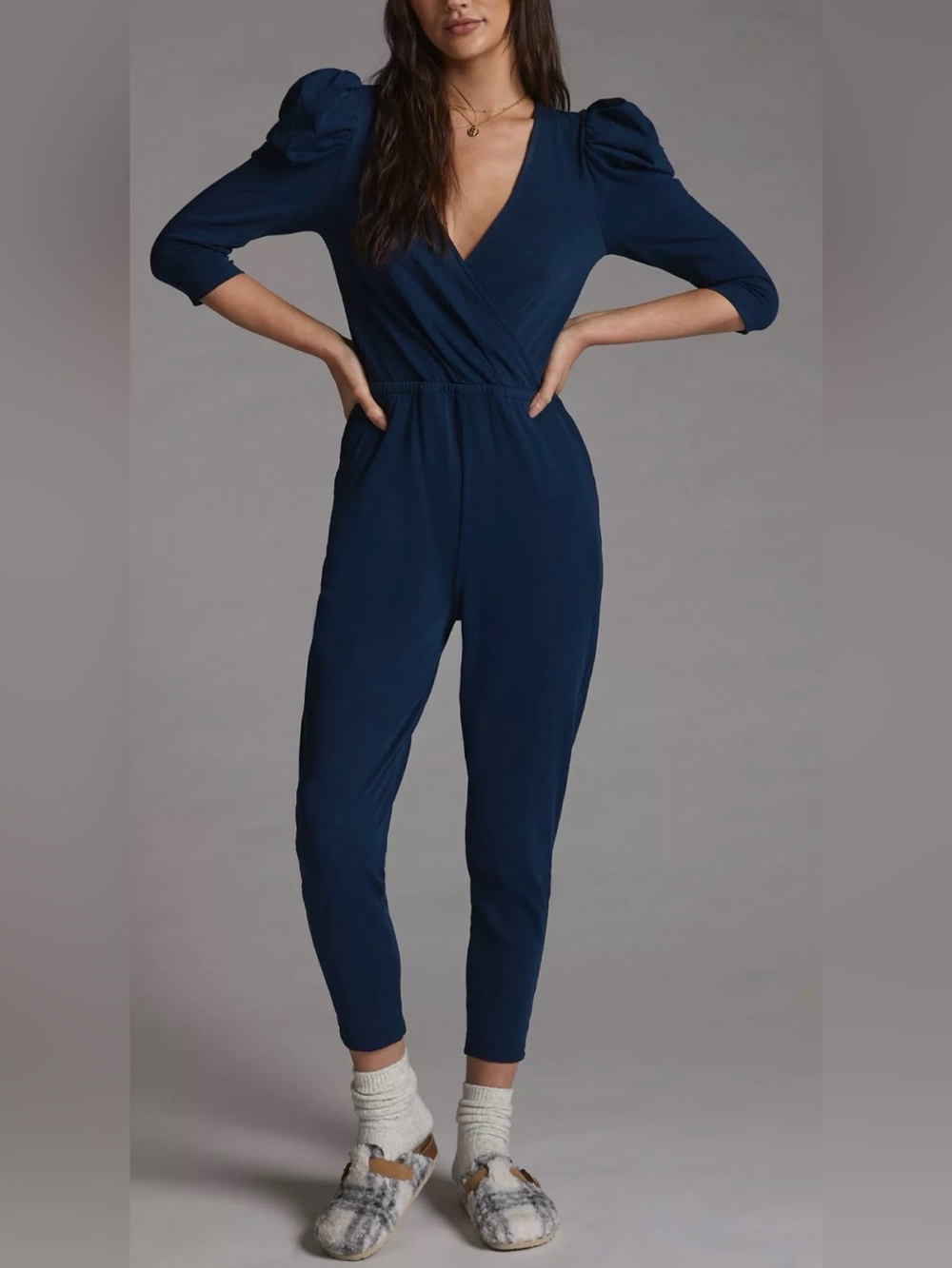 NATION LTD Rhonda Jumpsuit Cotton Jersey V-Neck Puff Sleeve Elastic Waist M